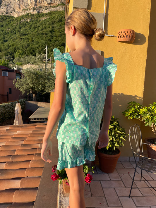 Girls mint floral set with ruffled sleeves and shorts, made from handmade Indian block print, handmade in India, for sale in Dubai