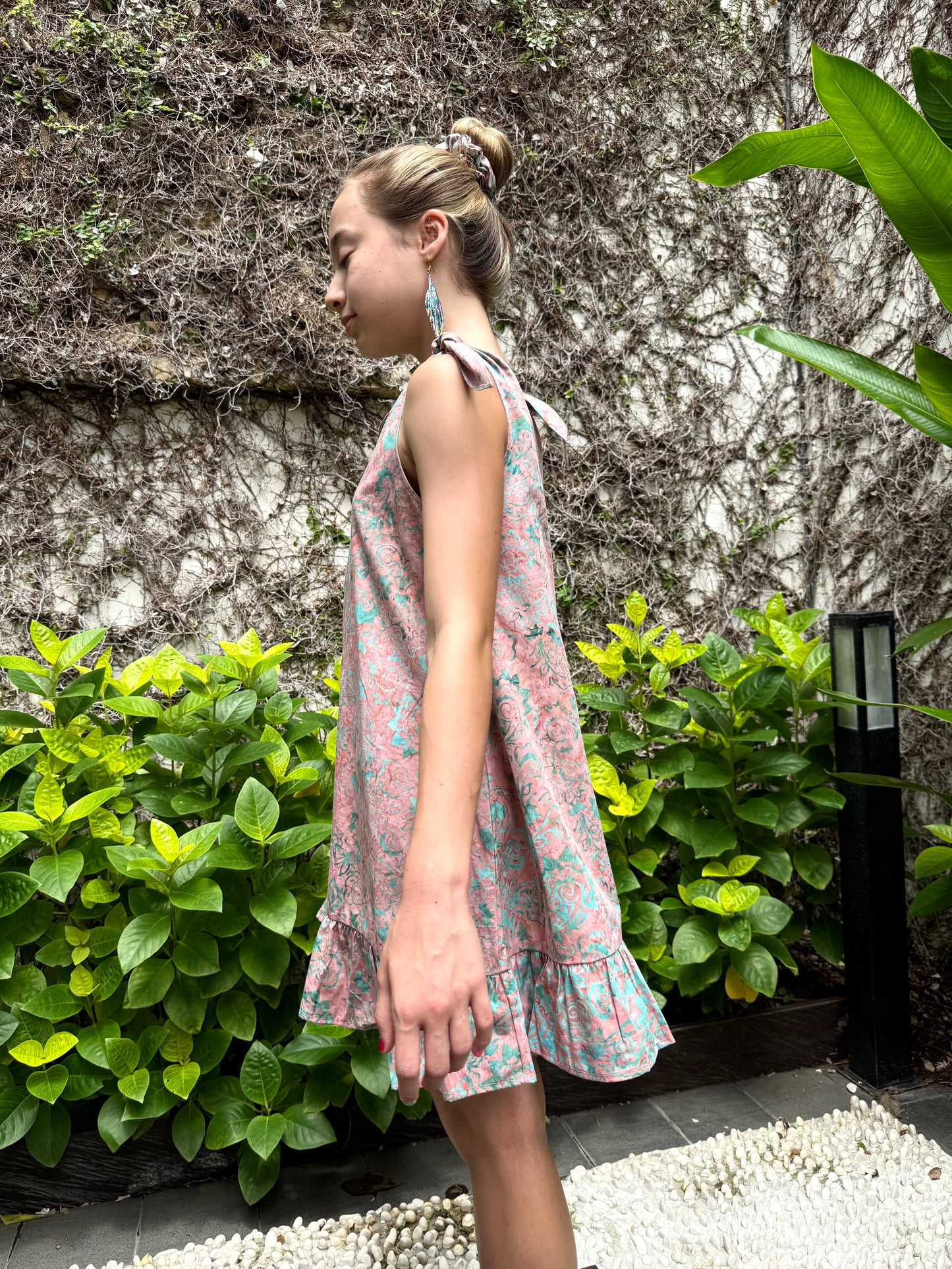 Handmade Penelope batik dress for girls, slow fashion sundress with a unique floral print for sale in Dubai