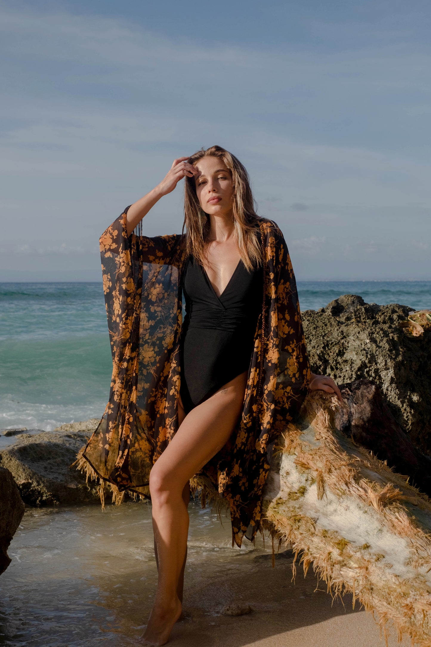 Luxurious handmade black and bronze floral beach kaftan swimsuit cover up for women in Dubai and UAE