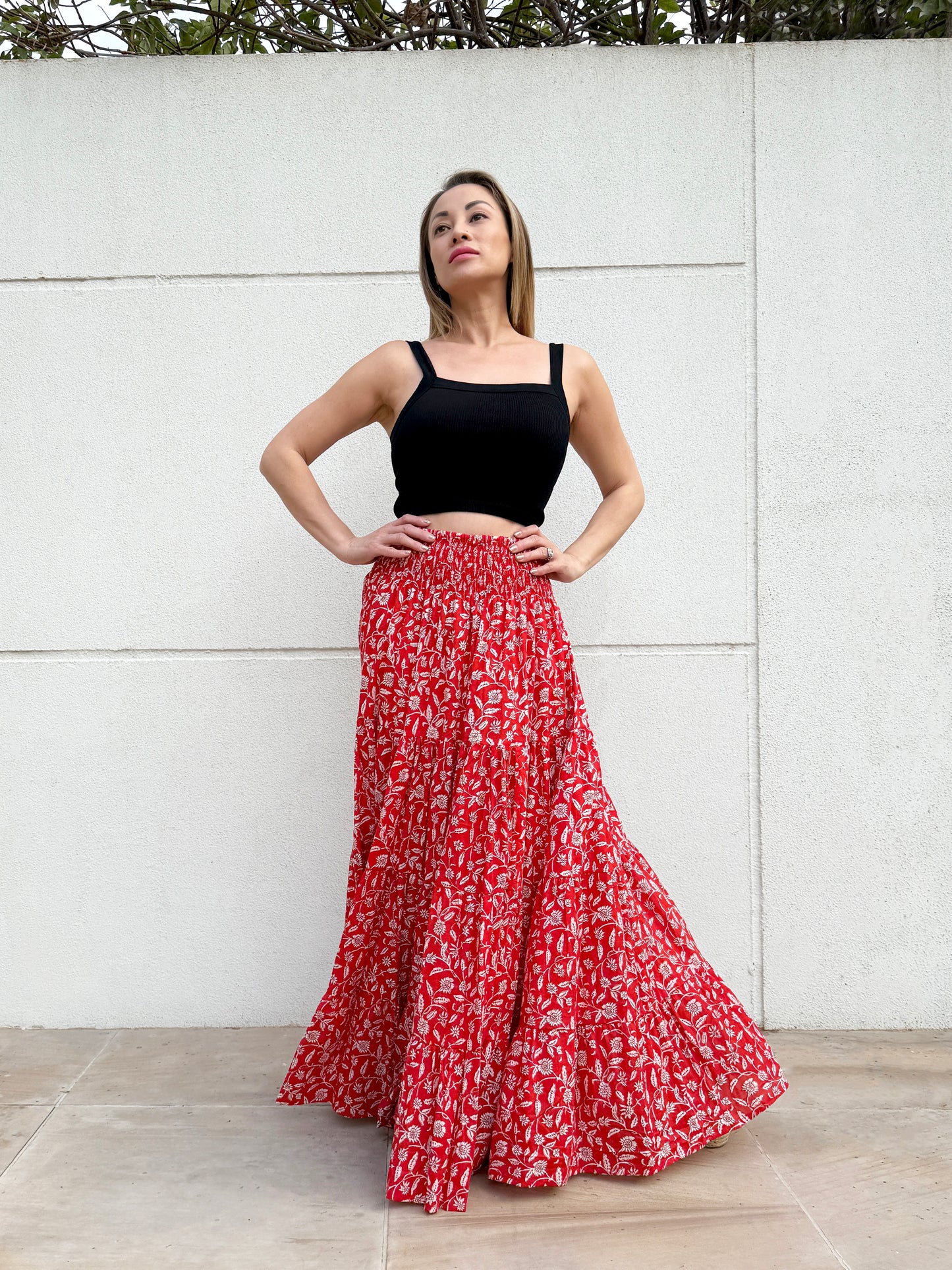 Gaia artisan-made breathable cotton red floral maxi skirt slow fashion Dubai