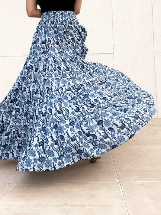 Gaia artisan-made blue floral maxi skirt, hand-stamped block print, sustainable fashion for Dubai