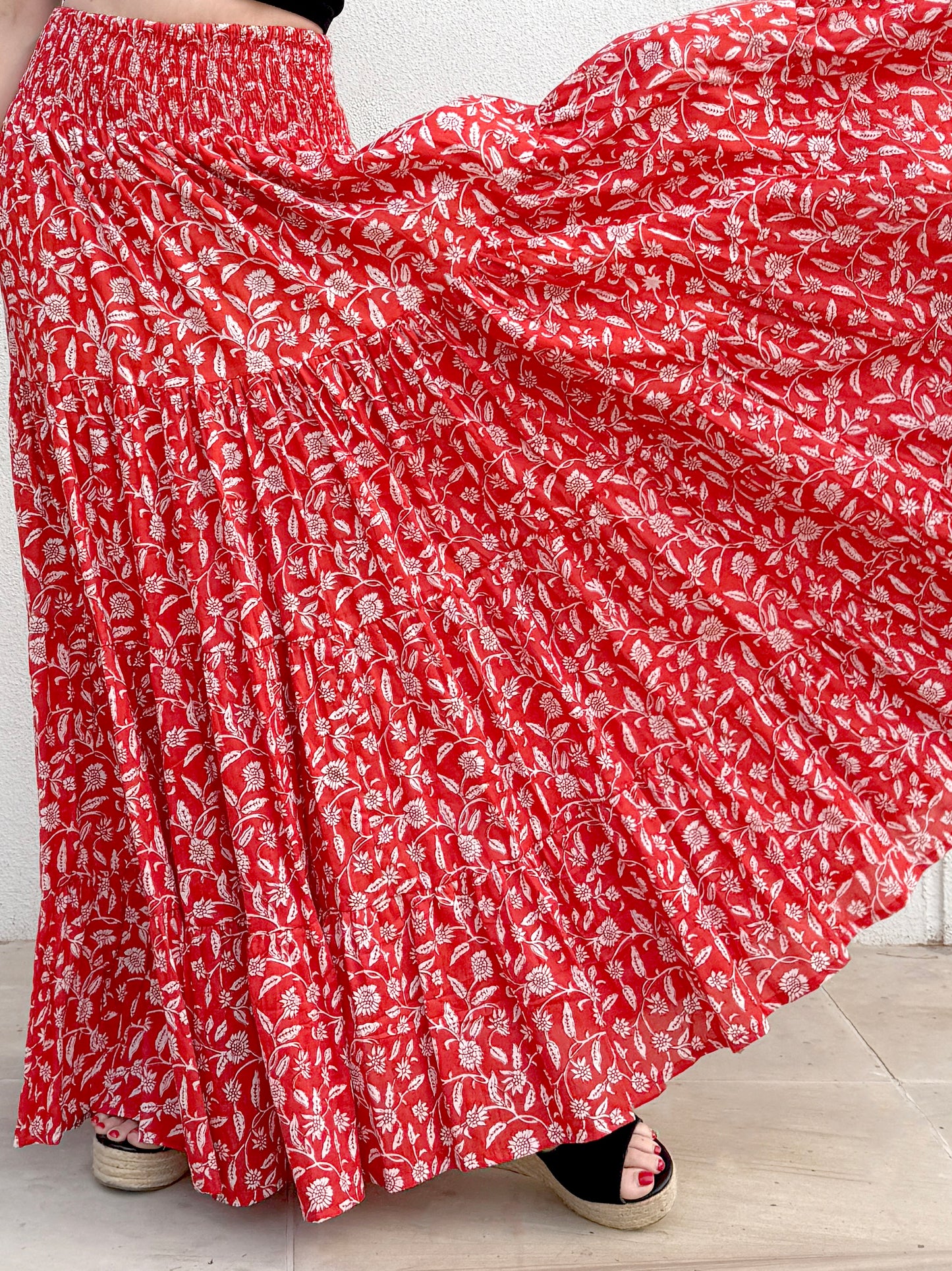 Gaia handcrafted colorful red floral cotton maxi skirt for women sustainable fashion in Dubai