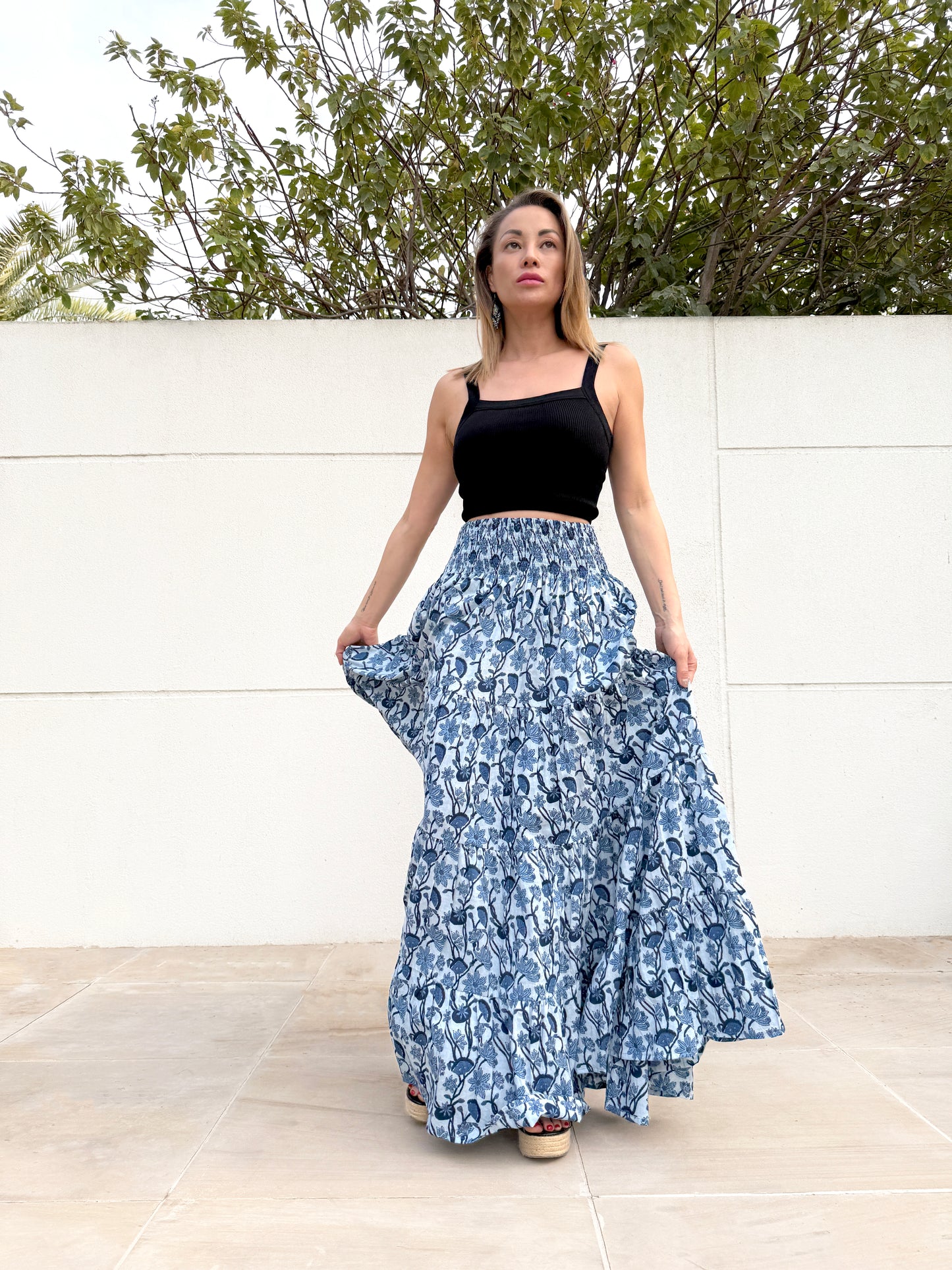Gaia sustainable blue floral block print skirt, handmade in small batches, resort-ready in Dubai