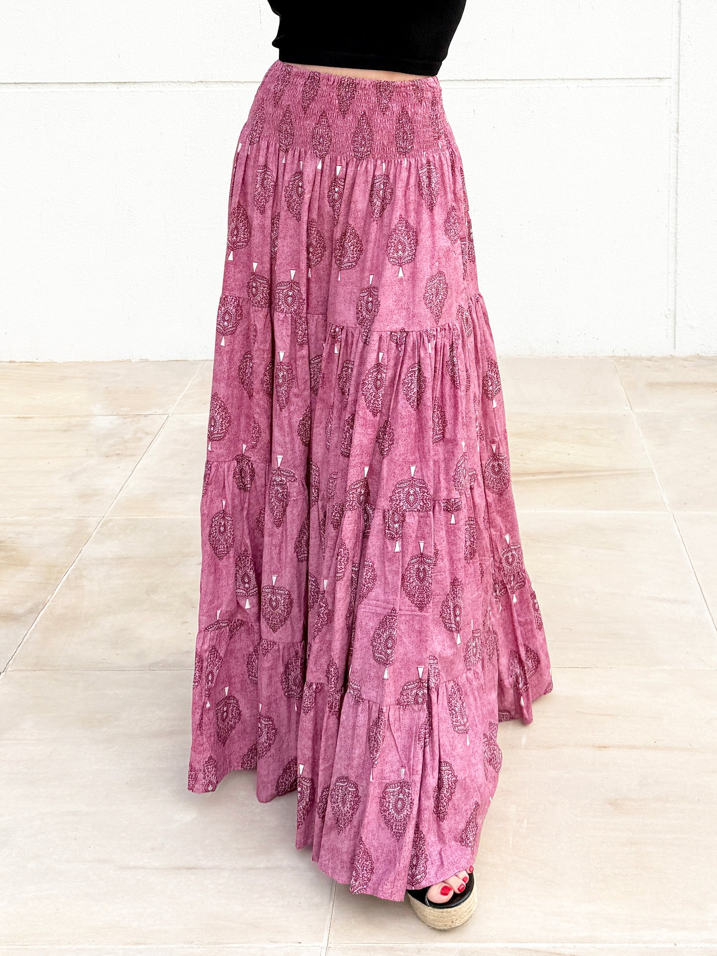Gaia breathable cotton purple floral skirt, slow fashion Dubai resort fashion