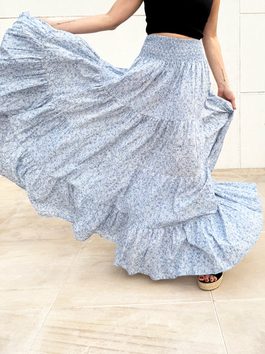 Artisan-Made Gaia Skirt Greyish Blue with White Floral Print Sustainable Cotton for sale in Dubai