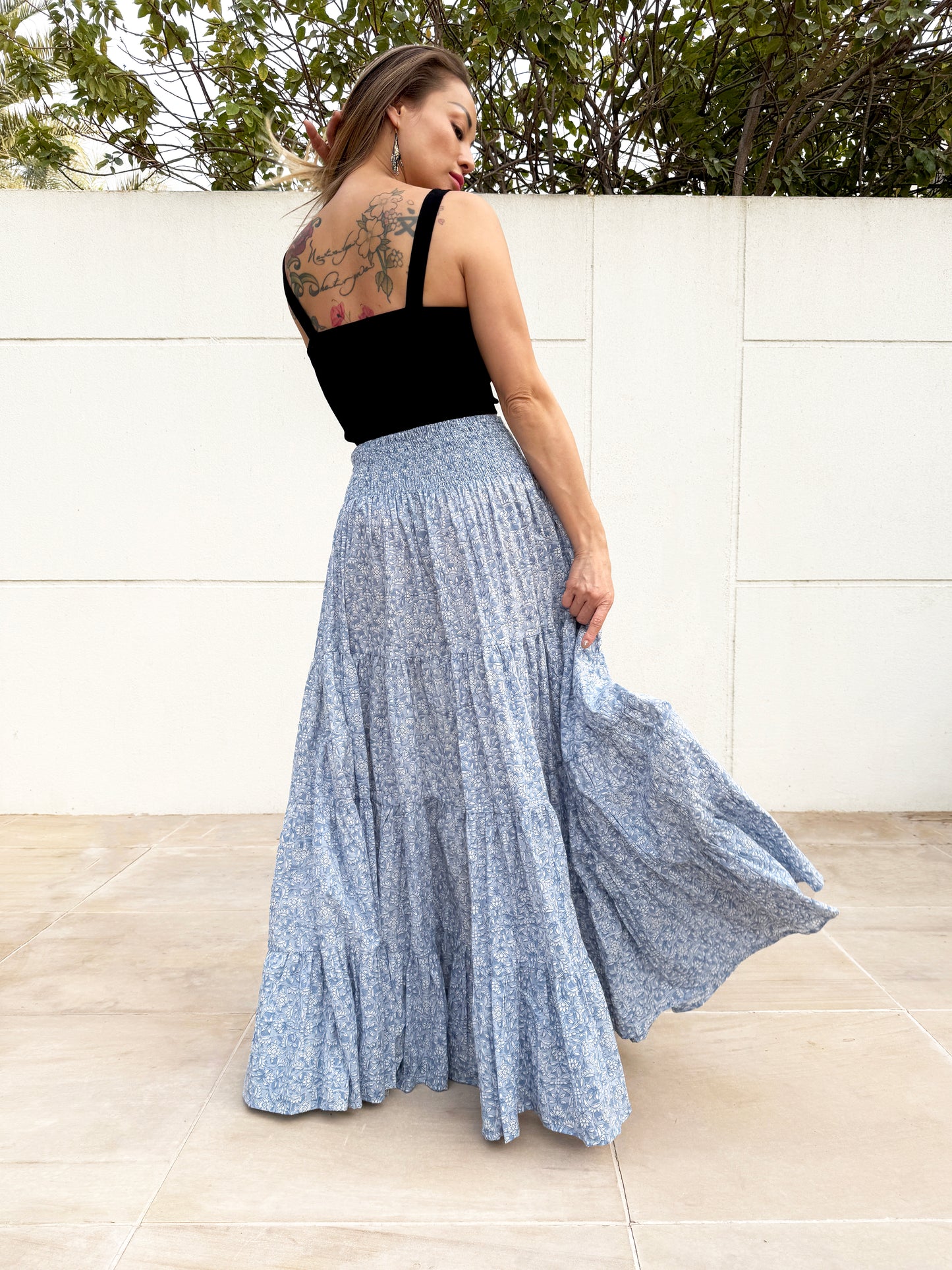 Gaia Greyish Blue White Floral Maxi Skirt Hand-Stamped Cotton Sustainable Dubai