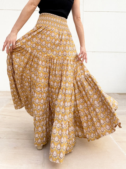 Sustainable Gaia Block Print Skirt in Mustard Yellow, Hand-Stamped Cotton with Nature-Inspired Design, Ideal for Dubai Resort Wear