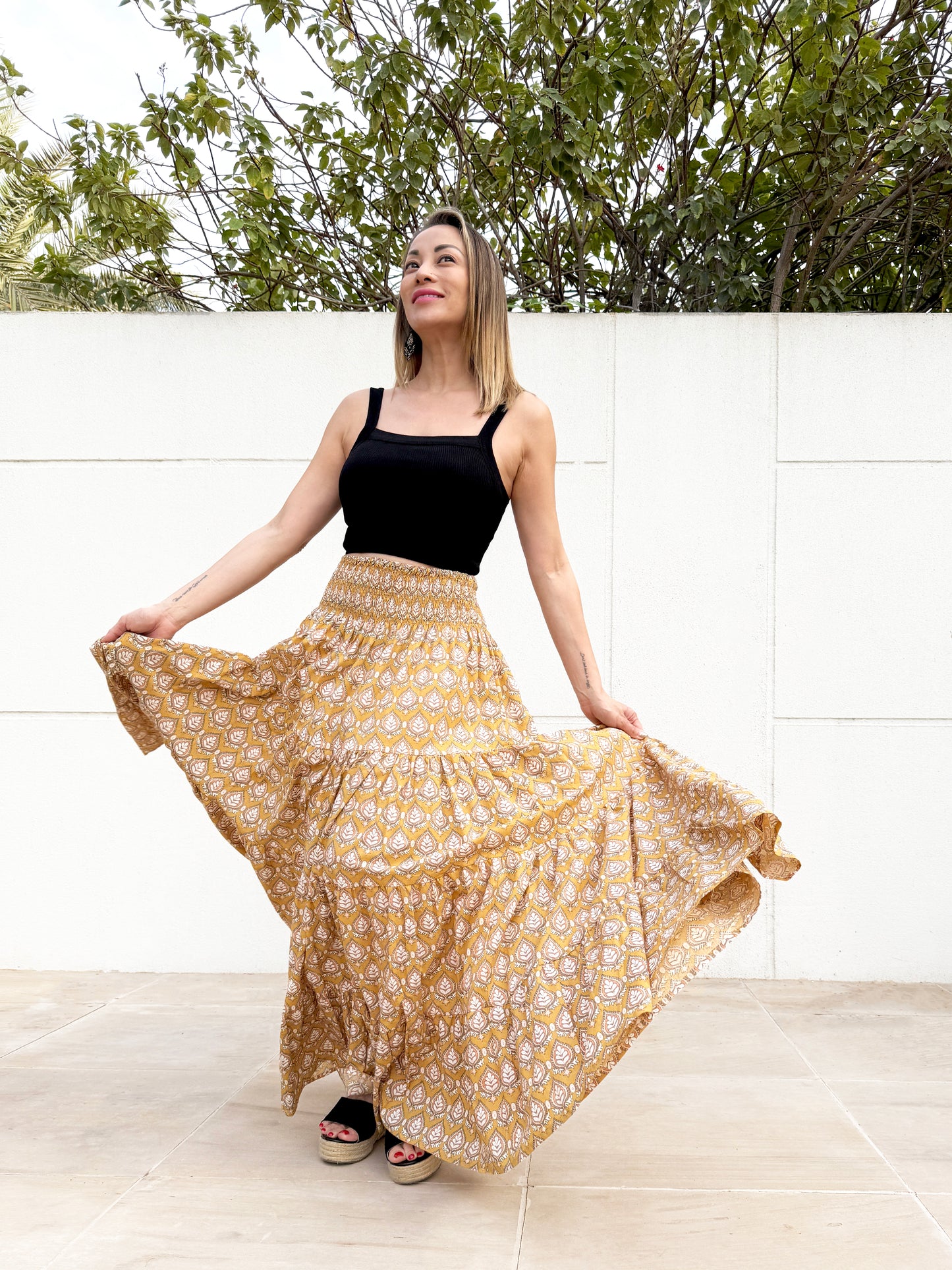 Mustard Yellow Gaia Block Print Skirt, Handcrafted with Eco-Friendly Dyes, Four Tiers of Ruffles for Elegant Movement, sustainable fashion in Dubai
