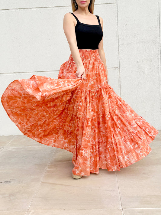 Gaia orange floral artisan block print maxi skirt for women handmade from sustainably from cotton & plant-dyes