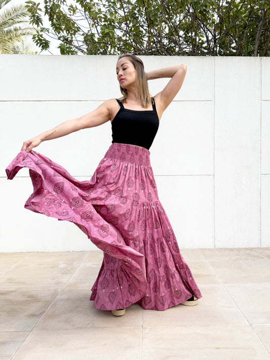 Gaia block print skirt in purple nature-inspired cotton, artisan-made, sustainable resort wear Dubai