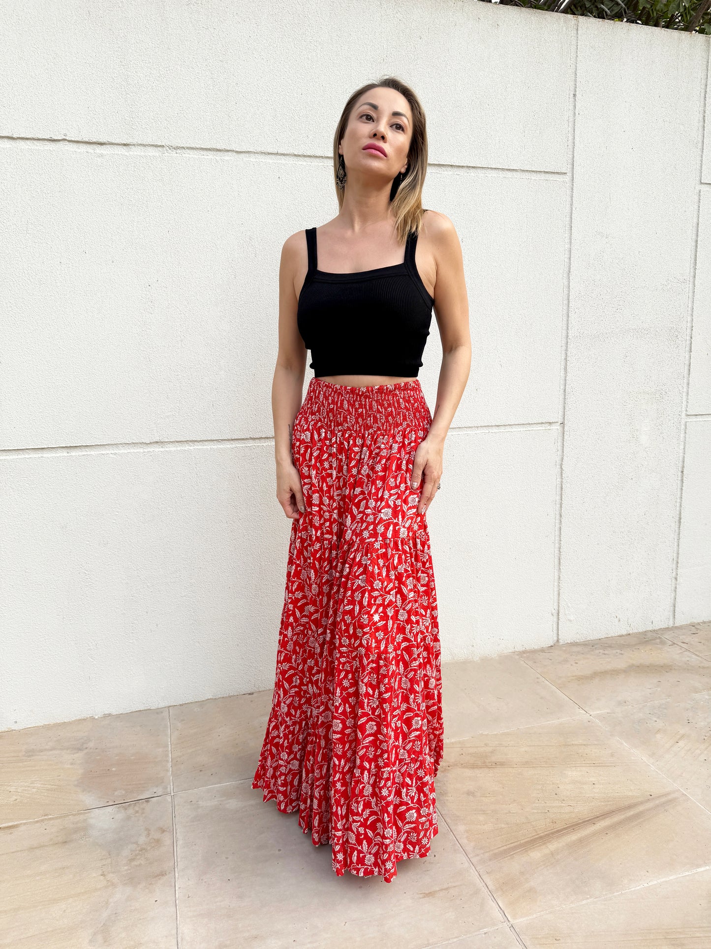 Gaia red floral artisan block print maxi skirt for women handmade from sustainable cotton