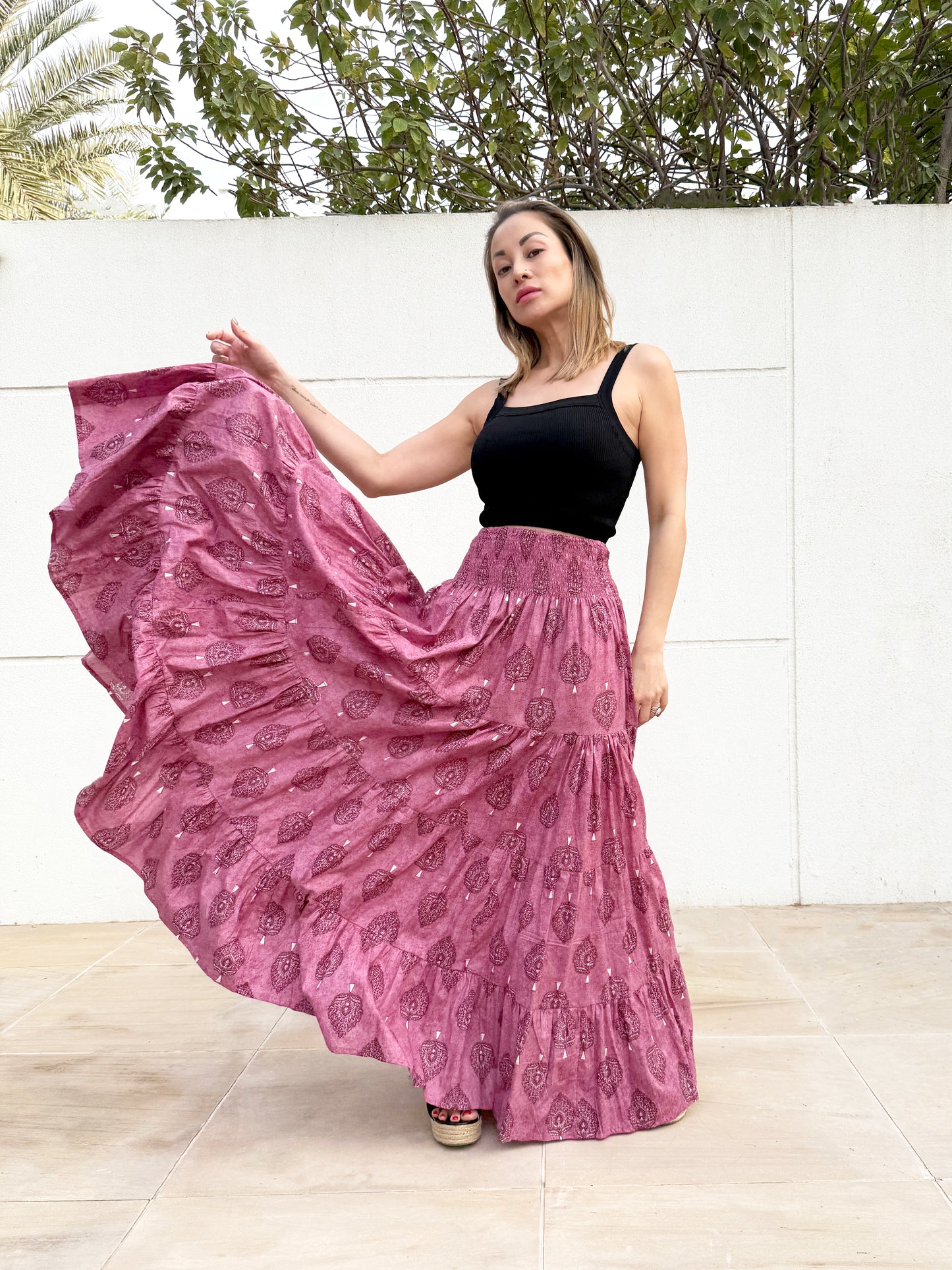 Gaia purple hand-stamped cotton maxi skirt, eco-friendly slow fashion Dubai