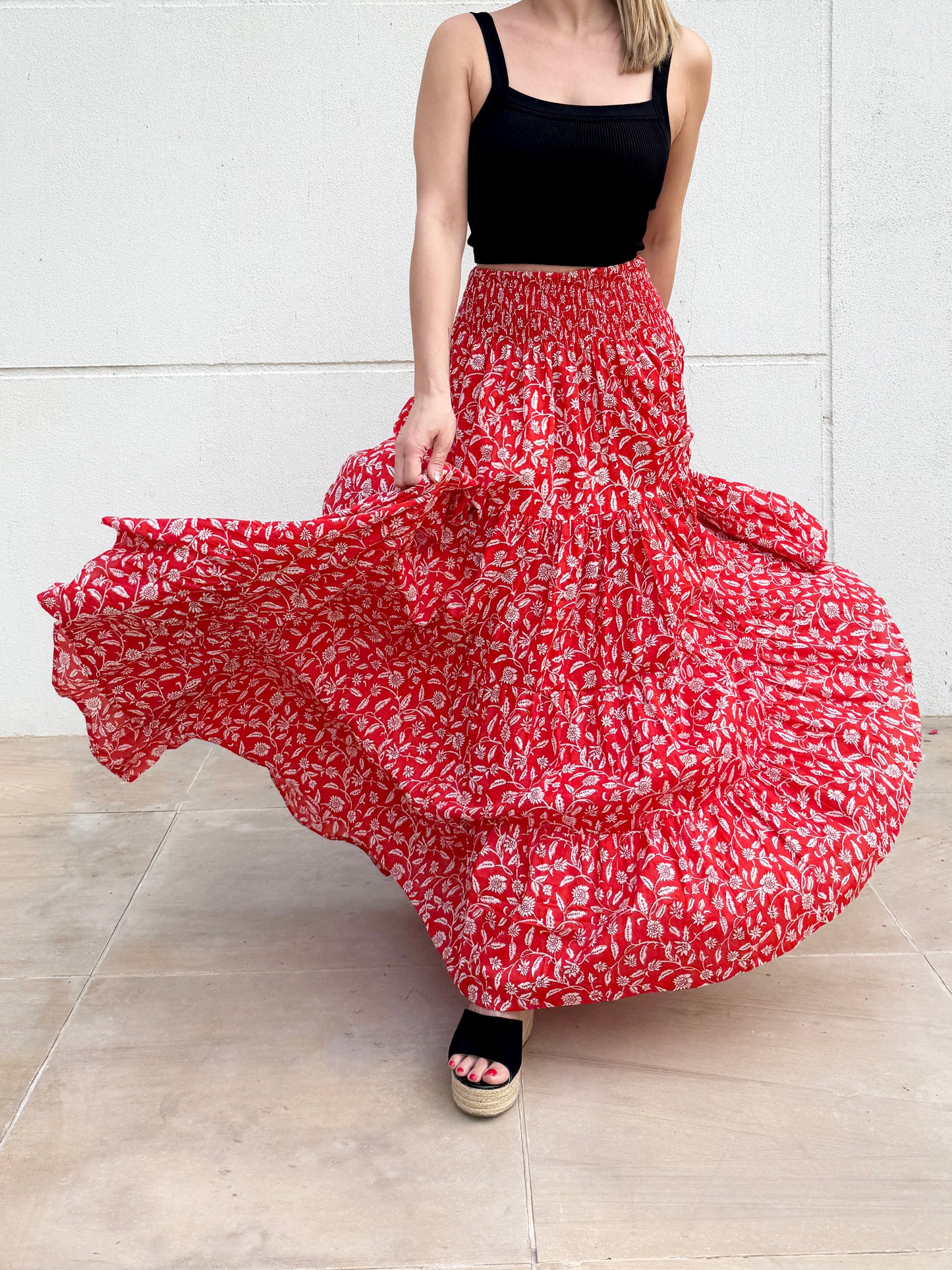 Gaia ethical slow fashion red floral block print skirt for women in Dubai