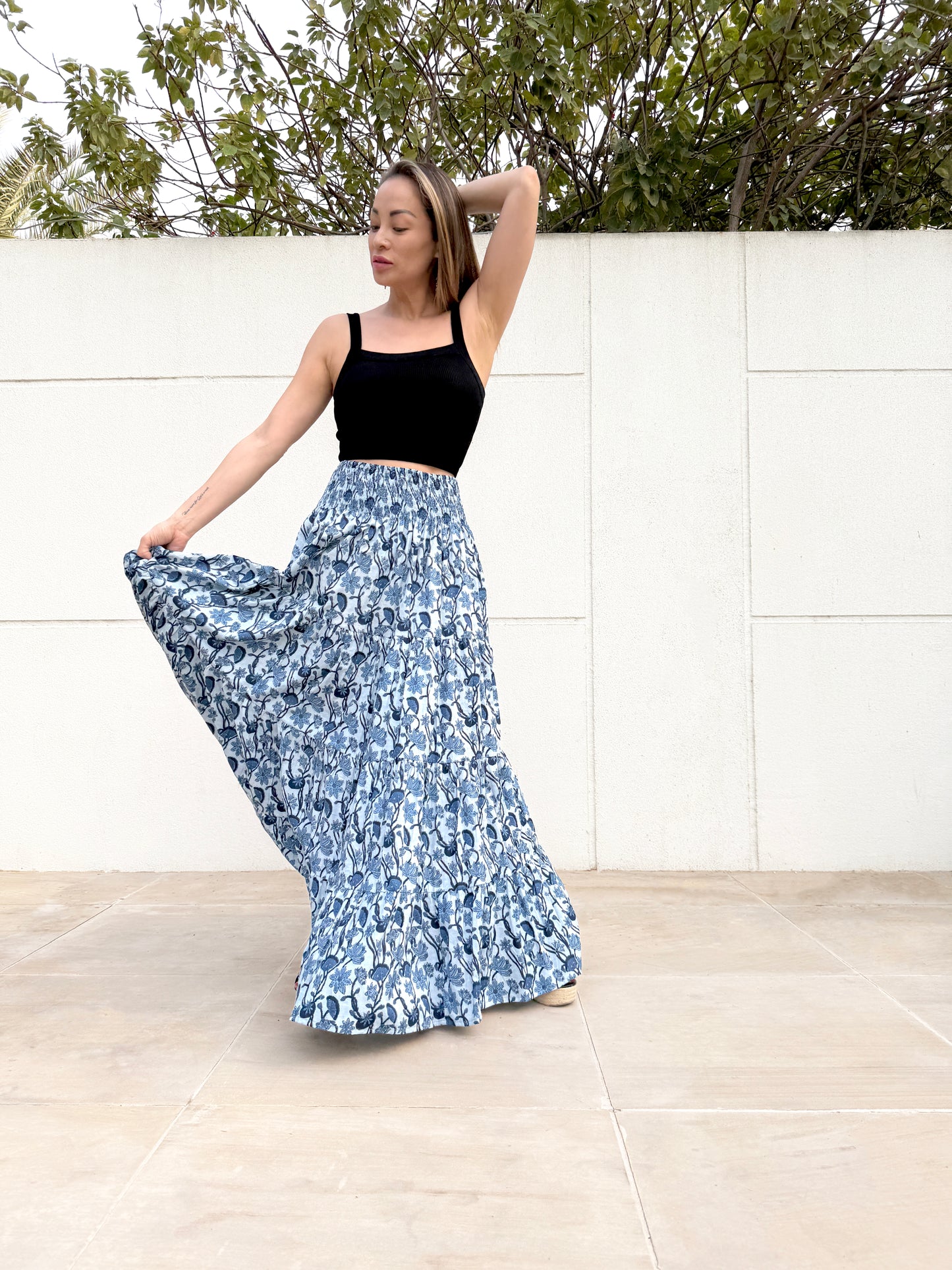 Gaia blue floral cotton skirt, lightweight breathable fabric, ethical fashion Dubai