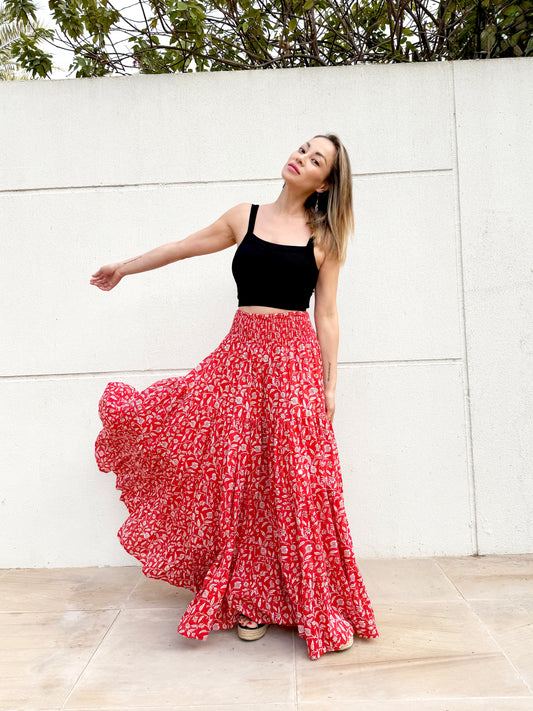Gaia sustainable red floral block print maxi skirt for women resort wear Dubai