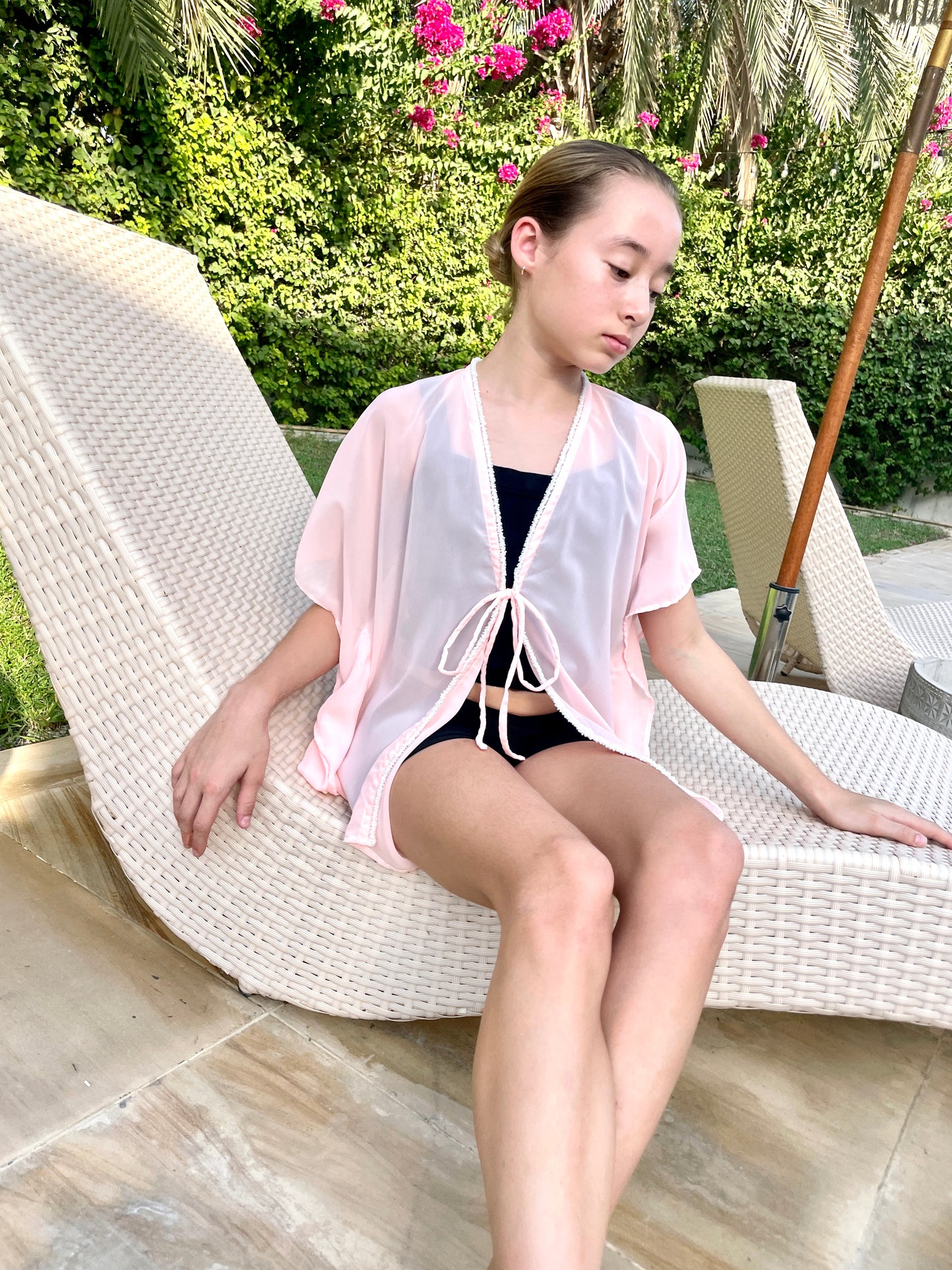 Slow‑made tween girls beach kaftan in peach chiffon with white bead clusters – sustainable resort wear in Dubai
