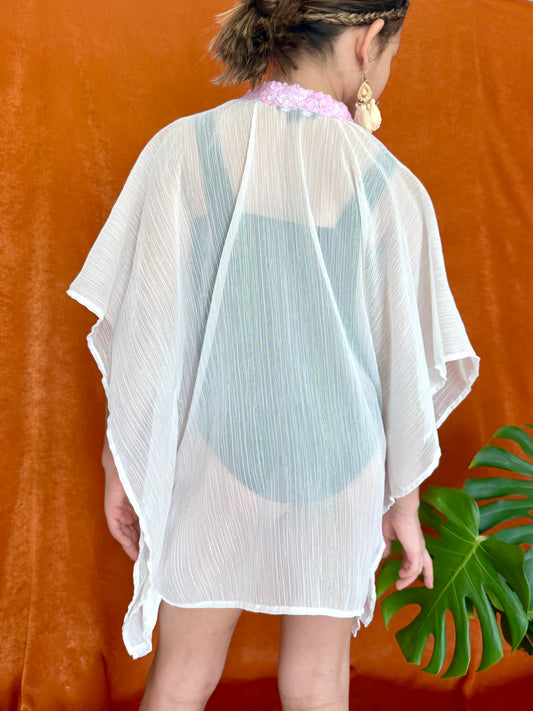 Lightweight kids beach kaftan cover-up with purple trim, designed for sunny Dubai weather