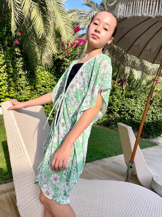 tween girls beach kaftan shamrock green chiffon with pearly bead trim