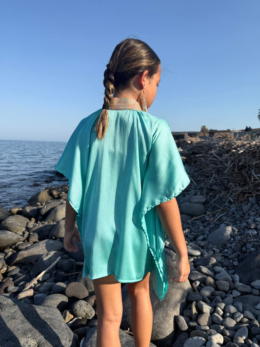 Mint green girls kaftan beach cover-up ethically made in Bali for Dubai kids by vin and min