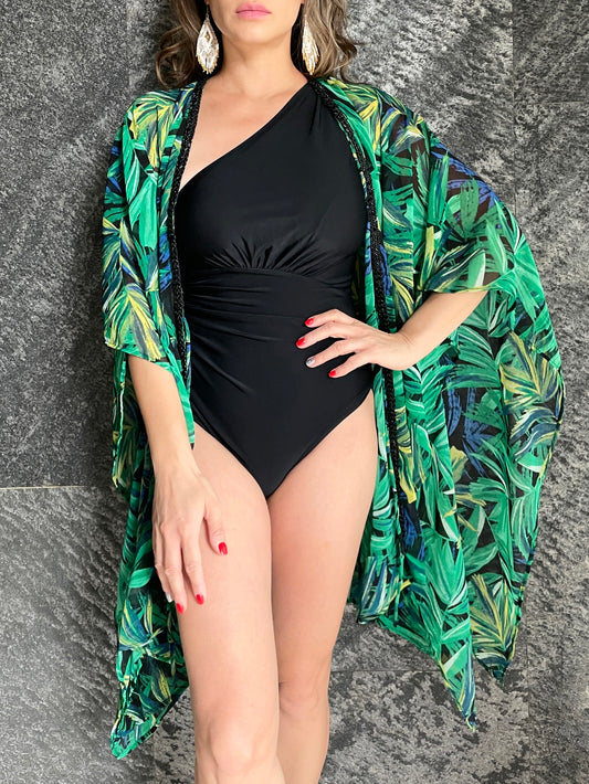 luxury green chiffon kaftan cover-up with tropical leaf print and handmade trim, beach fashion in dubai