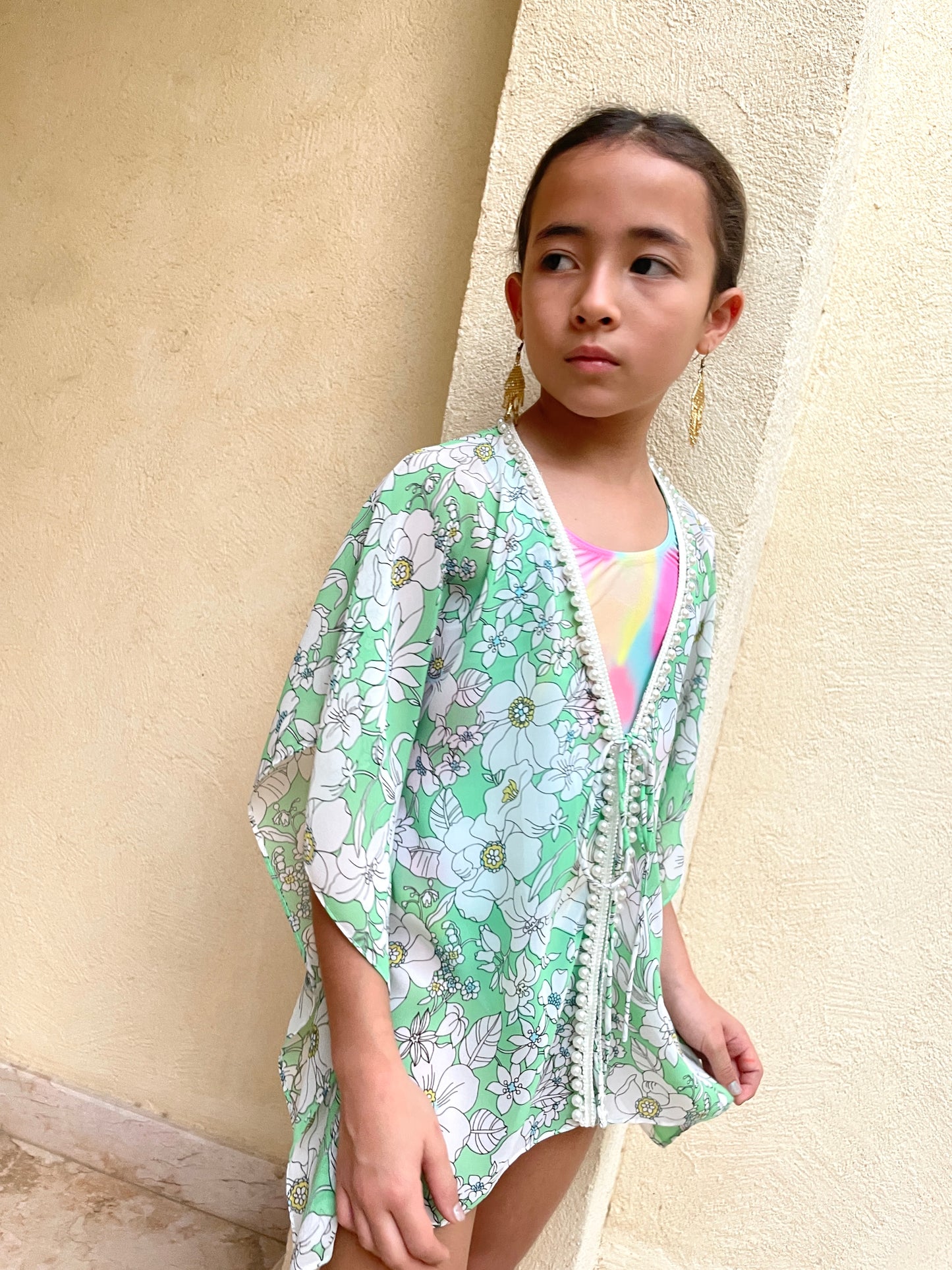 Leilani green girls kaftan for ages 8 to 10 – lightweight beach cover up handmade in Bali, for girls in Dubai