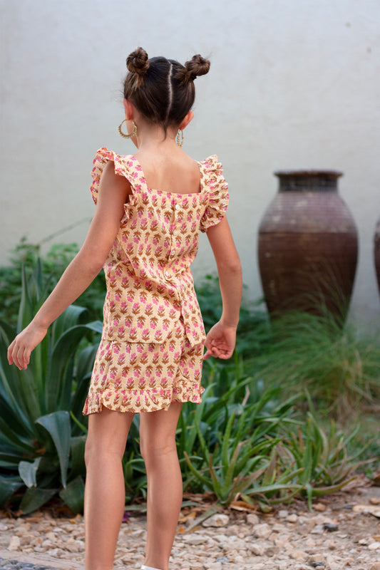 Hand-printed yellow pink floral coord set for girls 3-10 years sustainable fashion in Dubai