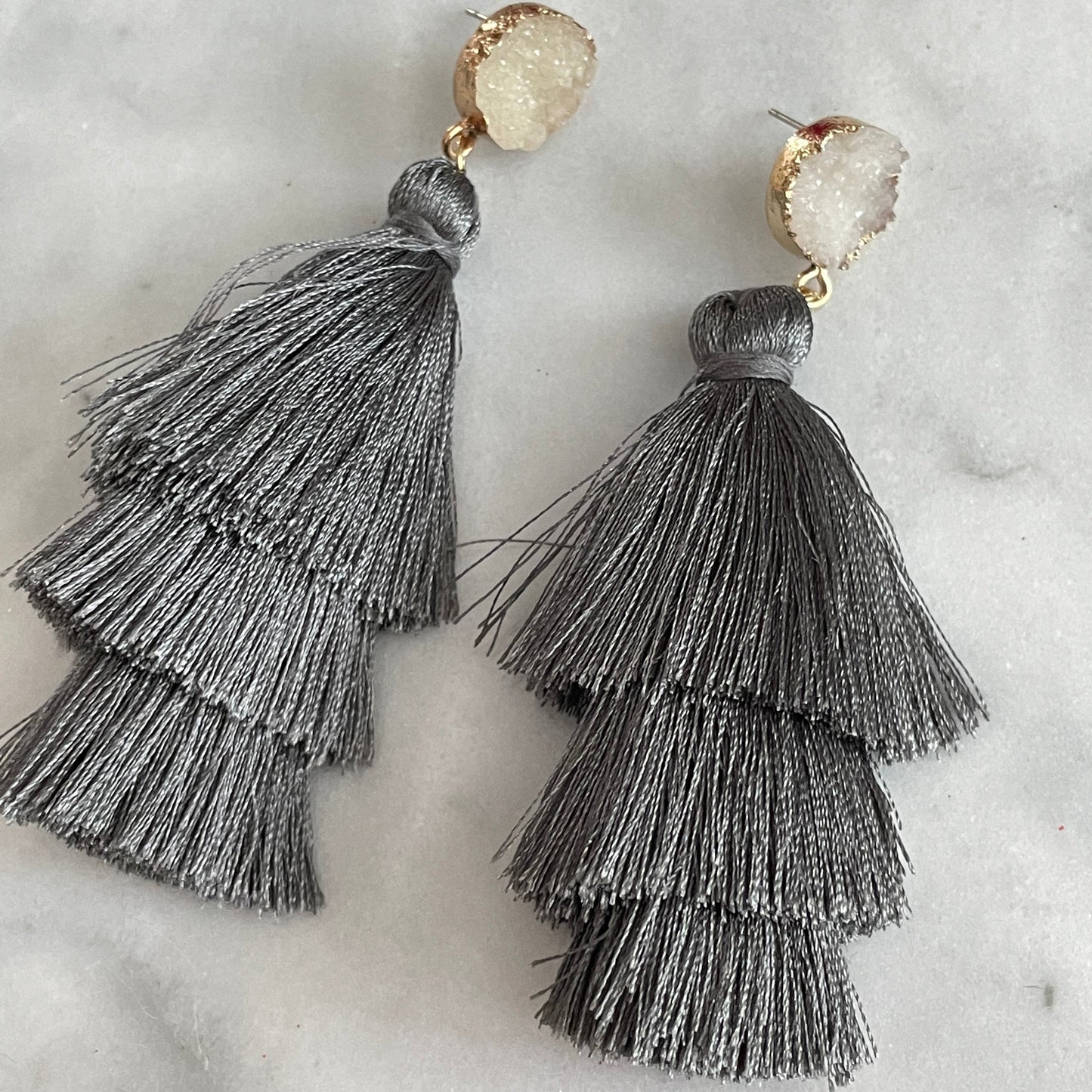 Lightweight 3-tier silk thread tassel earrings with druzy resin accents in dark grey
