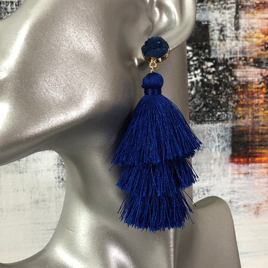 Lightweight 3-tier silk thread tassel earrings with druzy resin accent blue