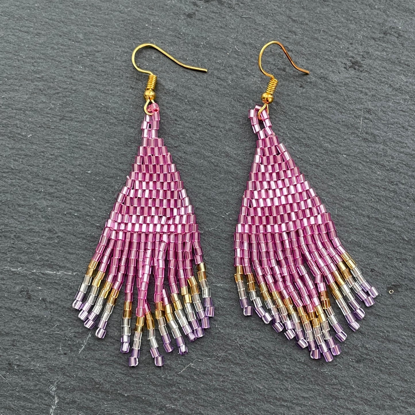 Indah handmade purple and gold beaded earrings, Bali artisan jewelry for stylish Dubai women