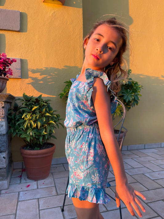 hand-printed teal pink floral coord set for girls 3-10 years sustainable fashion for kids in Dubai
