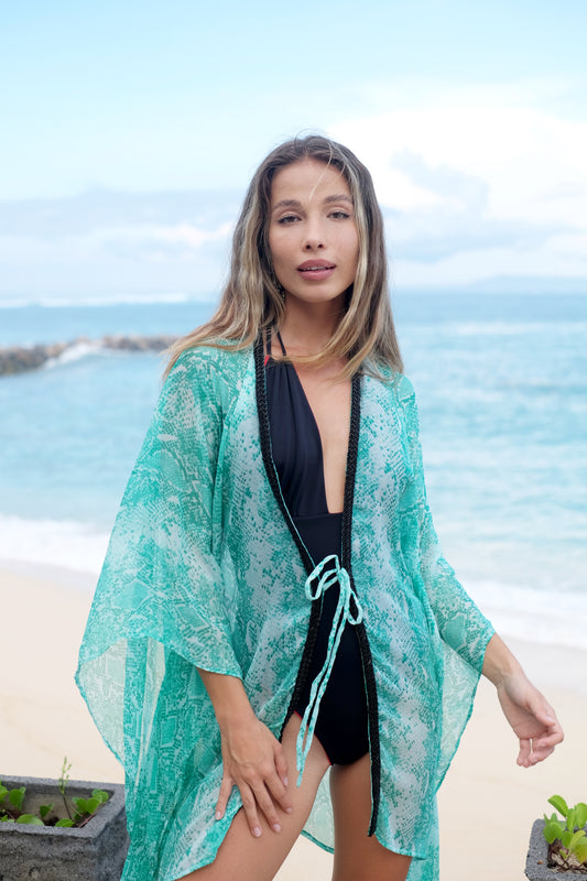 Izara green snake print kaftan front, handmade beachwear Dubai, resort cover-up