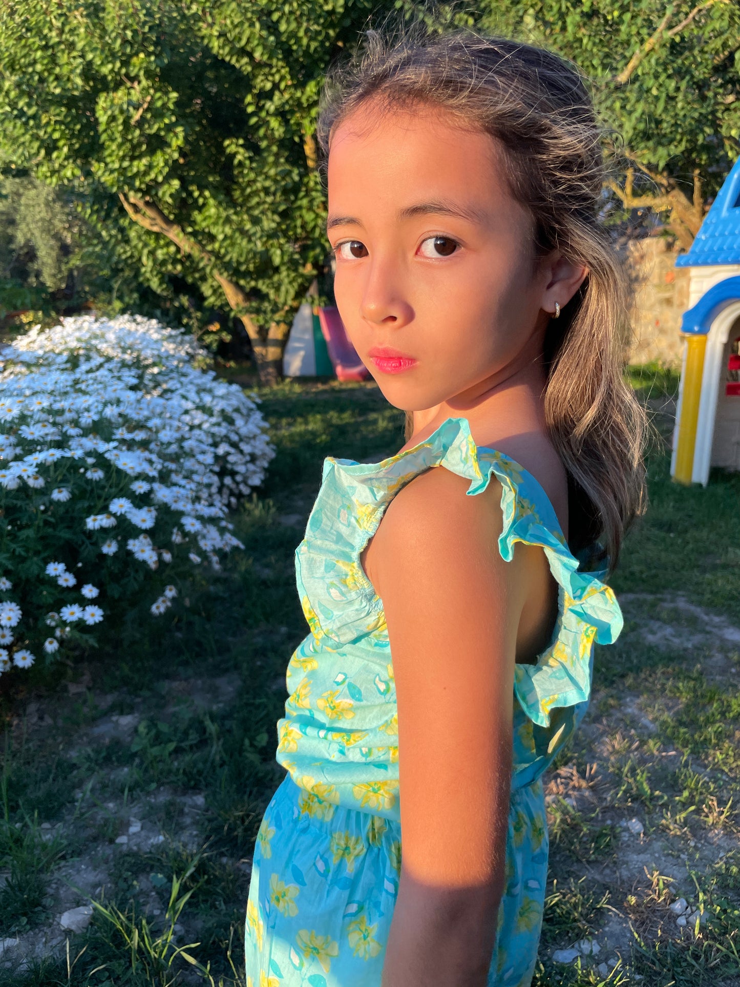 Sustainable cotton kids coord set in aquamarine and yellow floral with ruffled details for girls in Dubai