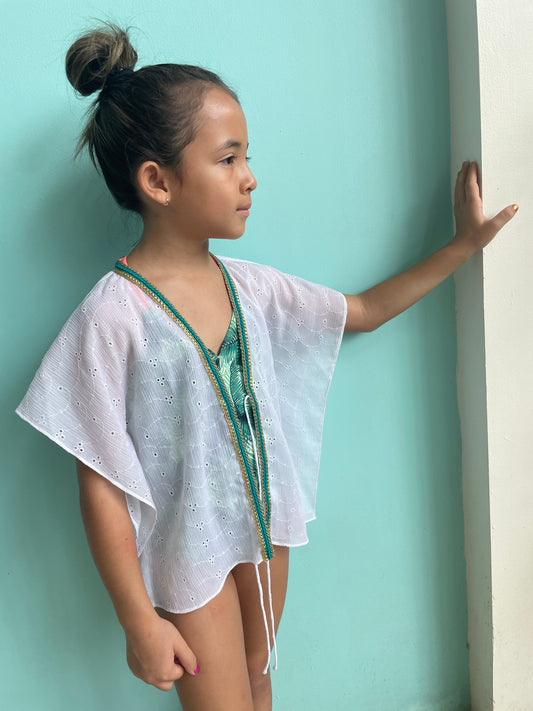 Kids summer kaftan cover-up for girls, white eyelet chiffon with shiny neckline, beachwear for Dubai holidays