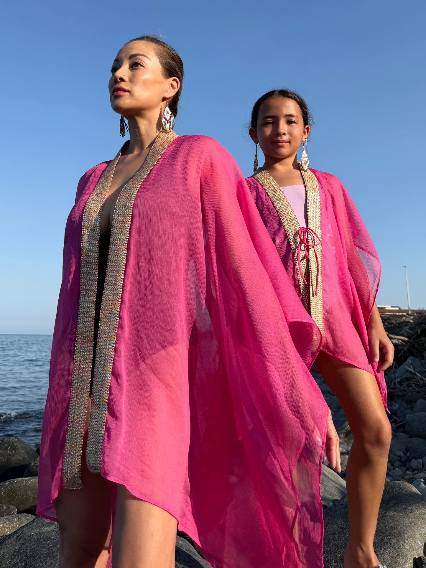 Lara women and girls pink chiffon matching kaftan set for Dubai beachwear