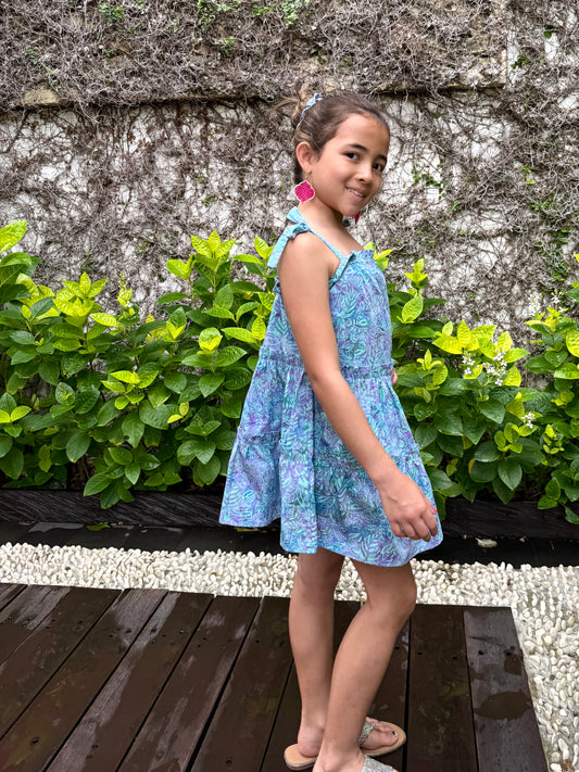 Layla girls batik cotton sundress in blue & purple floral with adjustable shoulder straps, handmade Bali for girls in Dubai