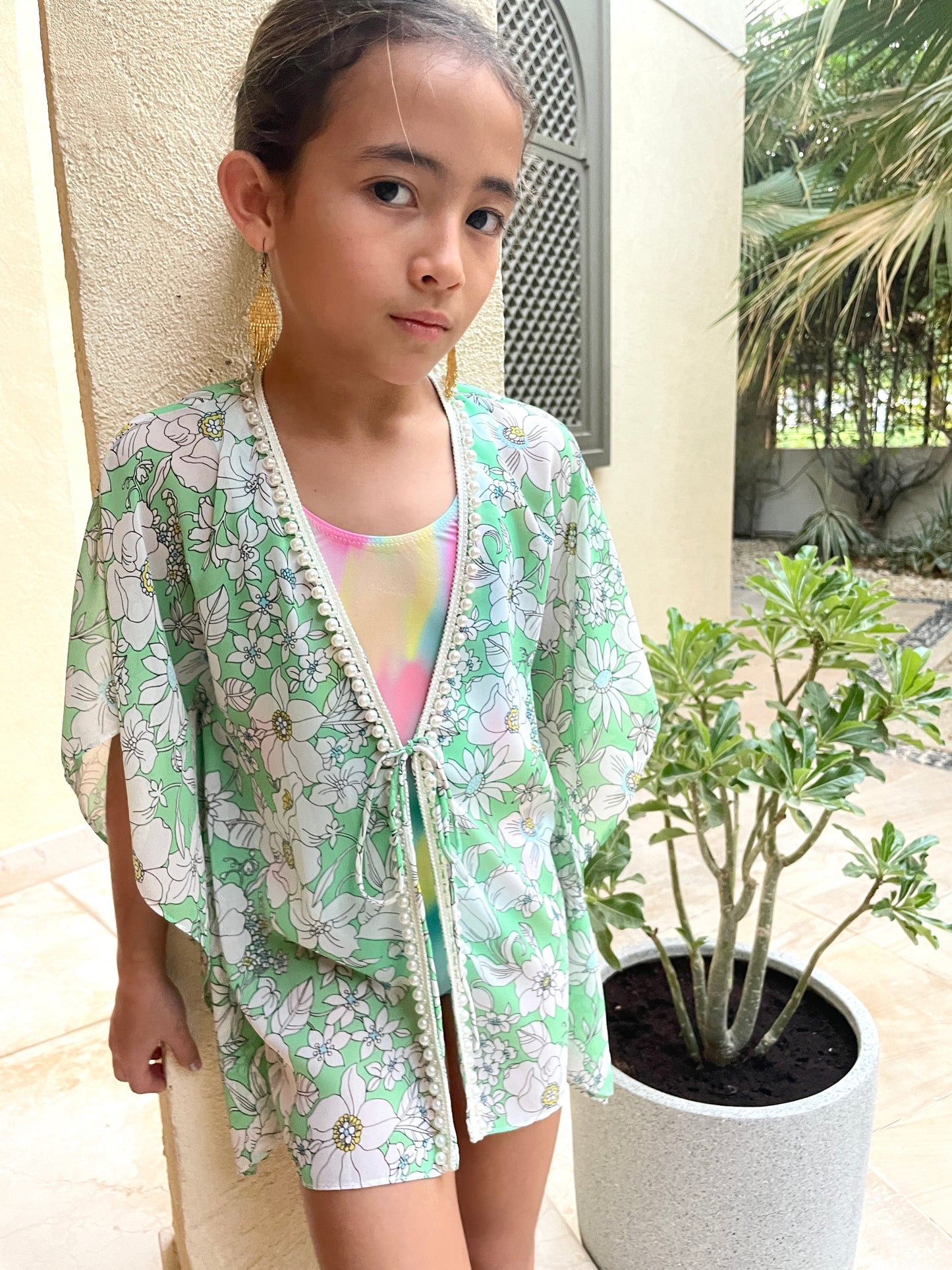 handmade girls shamrock green beach kaftan with white bead trim – Dubai kids beachwear