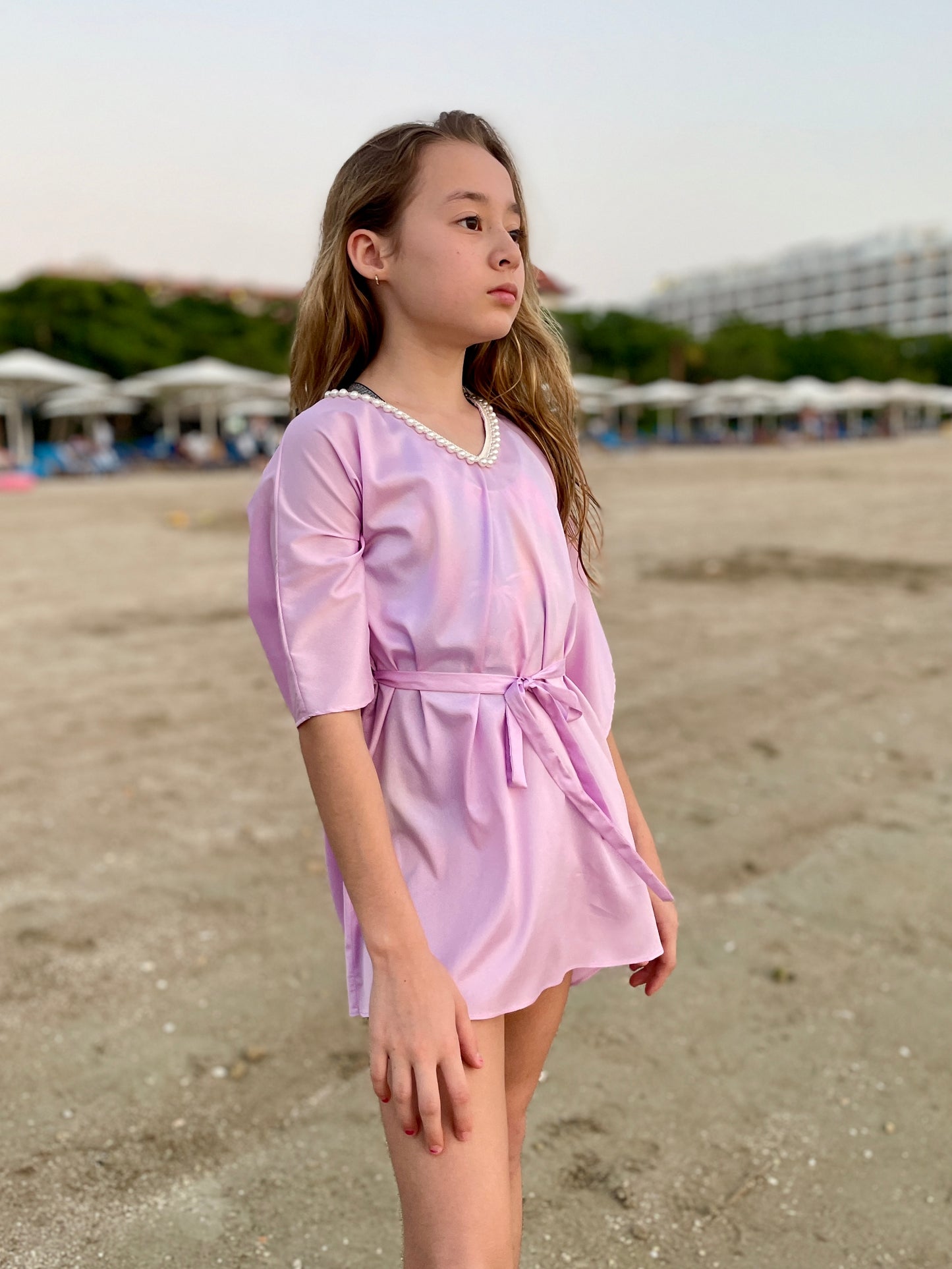 Dubai kids' beachwear – lilac kids beach kaftan with pearl bead detailing and detachable belt