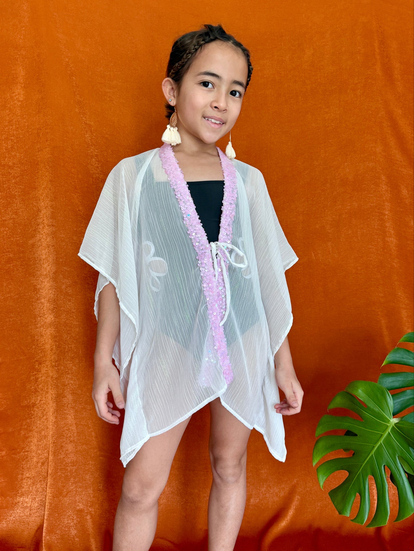 Lilou white chiffon beach kaftan for girls with color-popping purple sequins, made in Bali for kids resort wear in Dubai
