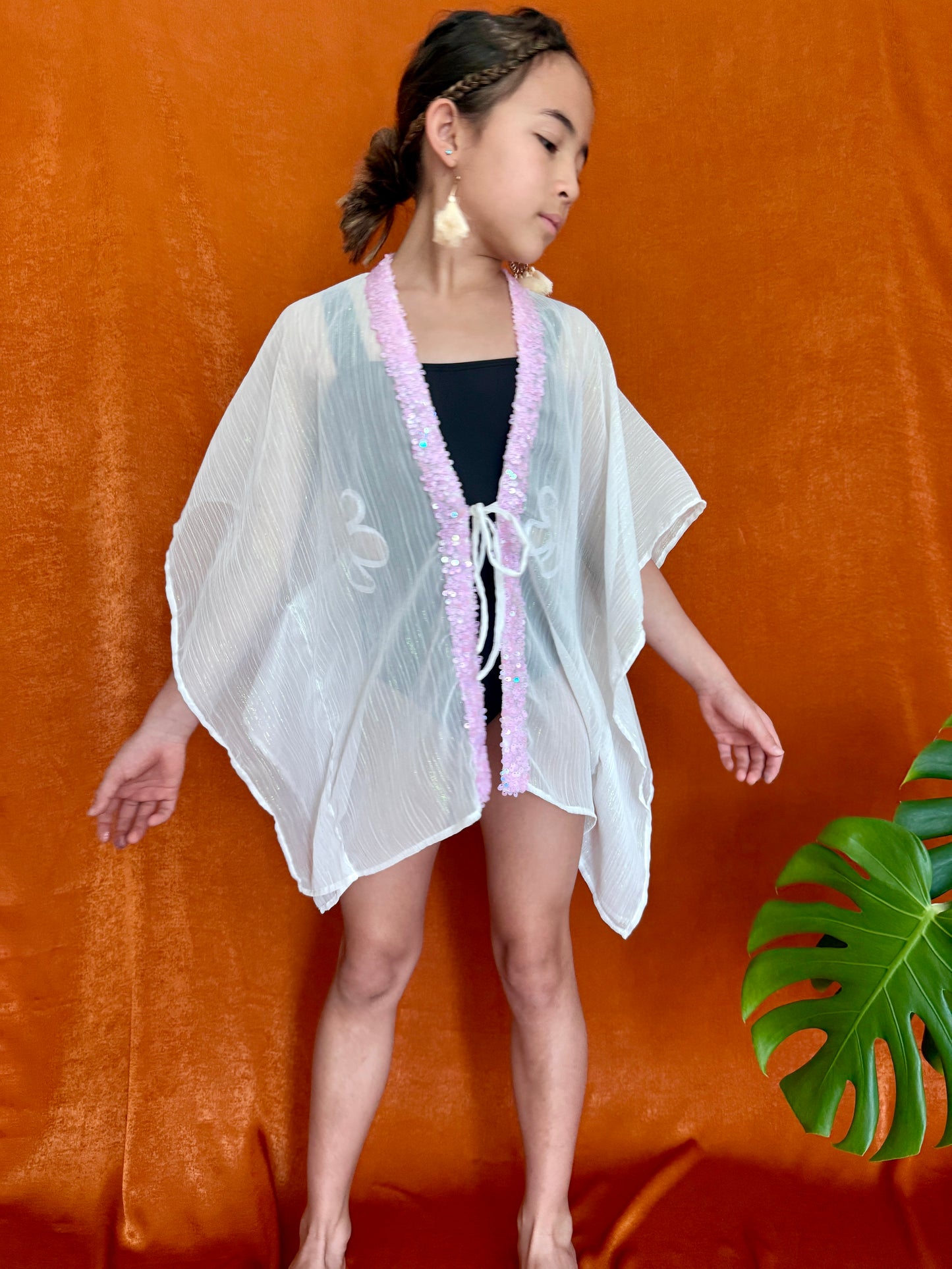 Sustainable girls' beach kaftan in white chiffon with purple sequin neckline, perfect for Dubai beach holidays