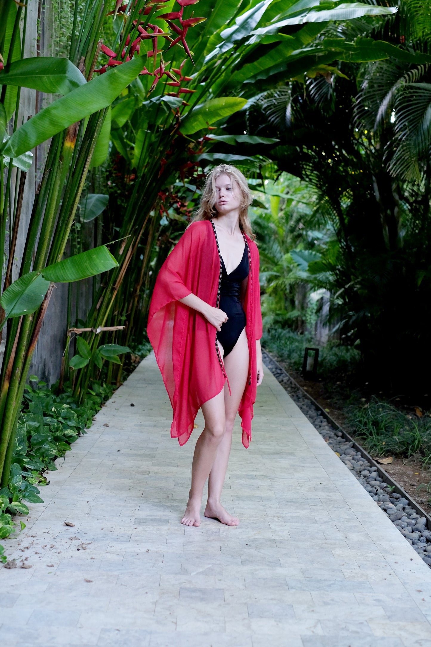 Sustainable red beach kaftan with shimmering silver and black beads for women looking for best beach kaftans online in Dubai