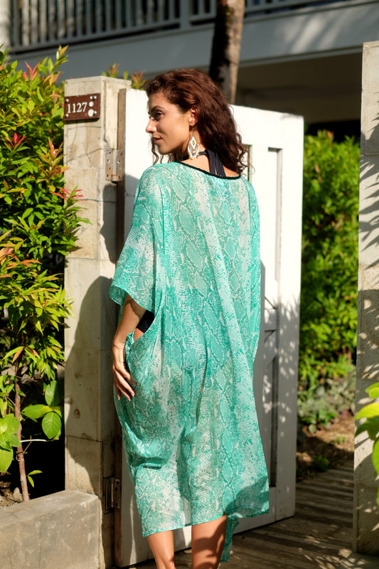 Handmade luxury green snake print beach kaftan for women, lightweight resort cover-up for women in Dubai