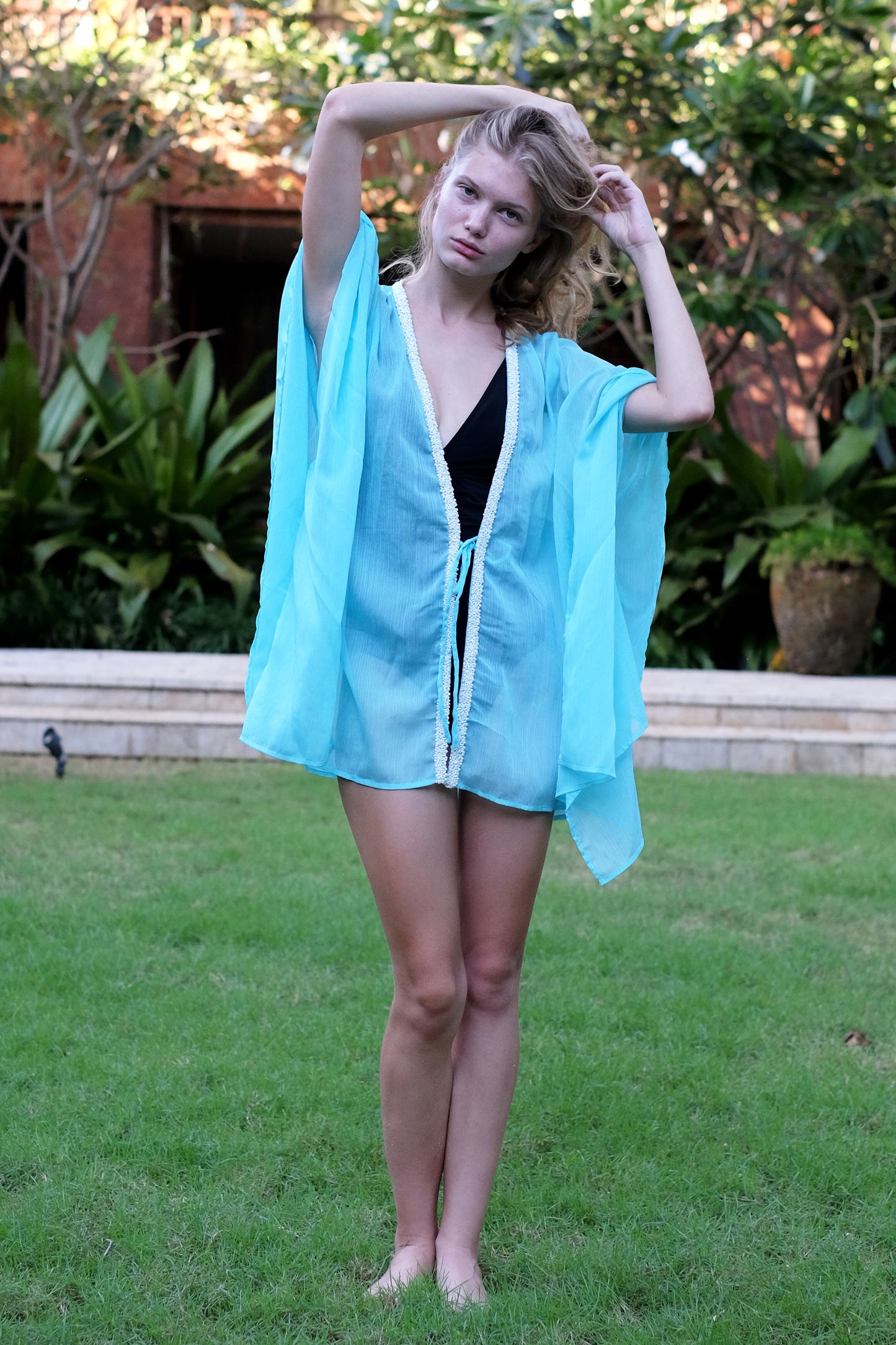 Trendy women’s beachwear—elegant beach kaftan for Dubai vacations and beach getaways