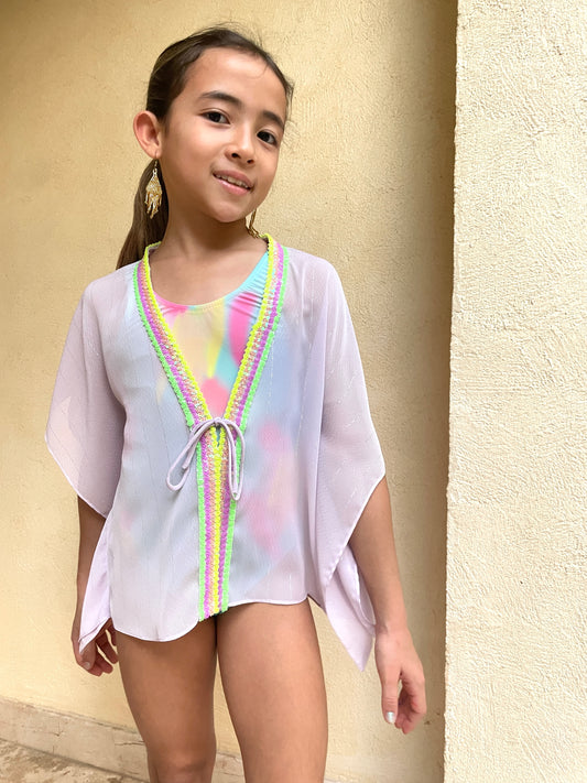 Stylish kids kaftan cover-up – light lilac chiffon with neon sequin neckline, perfect for Dubai sunny beach days