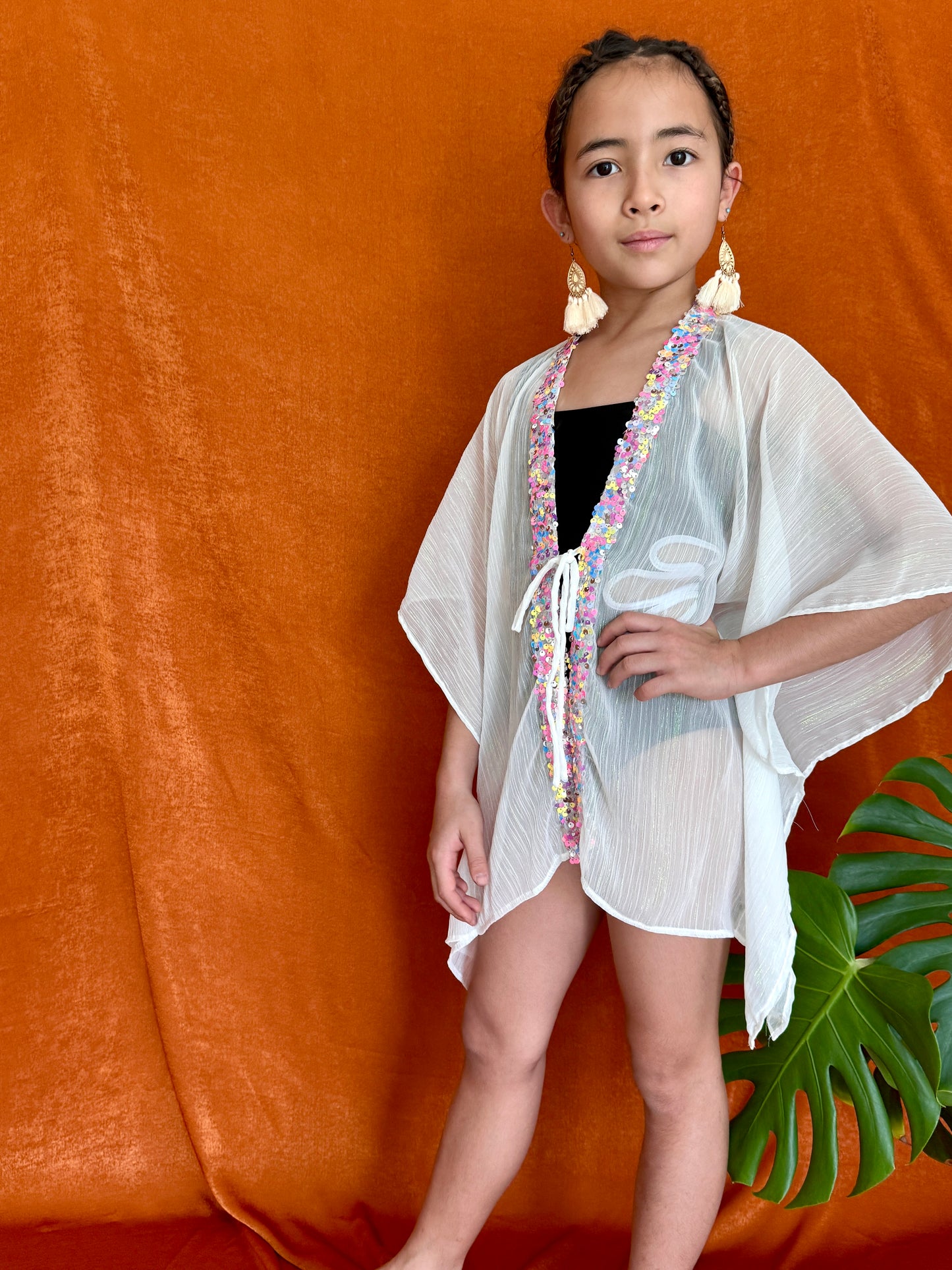 sustainable kids beachwear for girls in Dubai - Nova beach kaftan with iridescent chiffon fabric & sequins