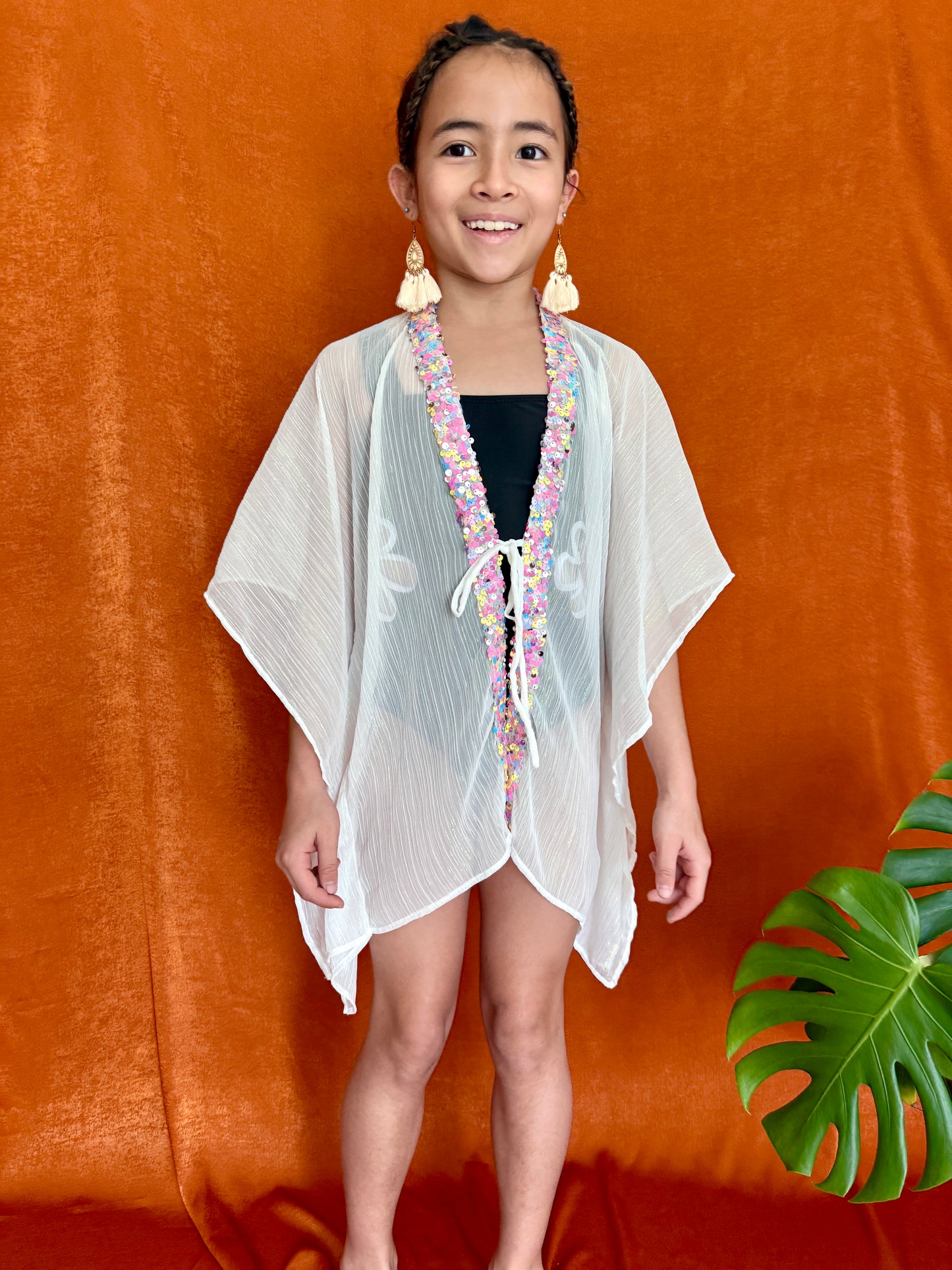 Nova Bali-made white kids beach kaftan with rainbow sequins for girls in dubai