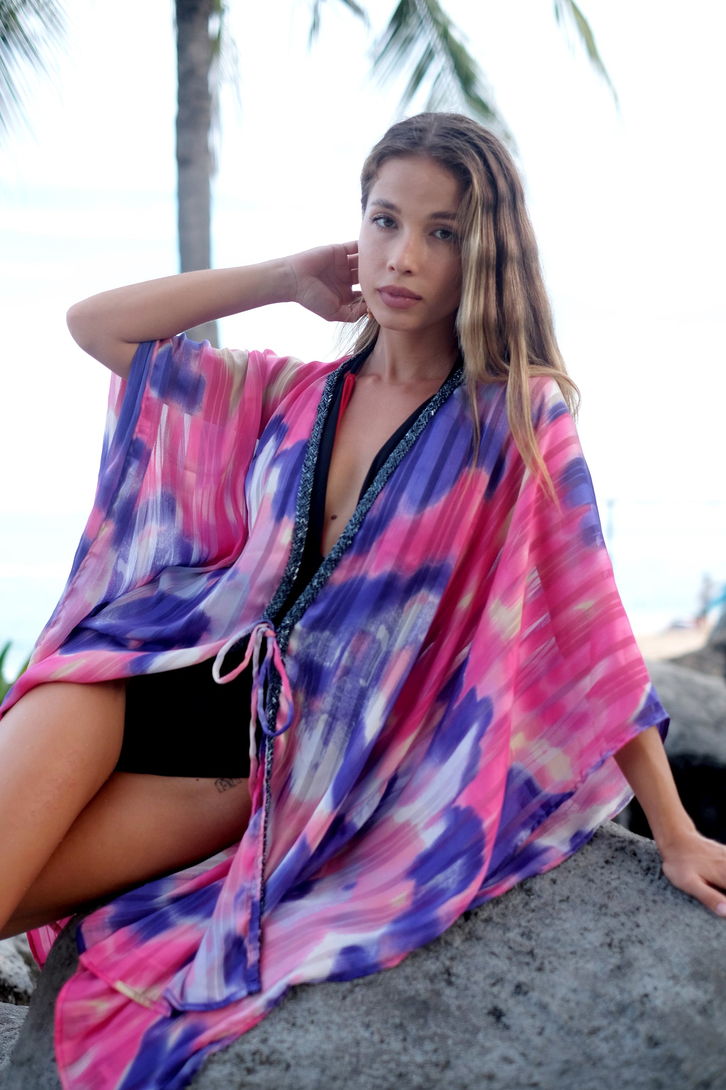 pink and purple ombre chiffon kaftan with hand-sewn beads womens resort wear dubai