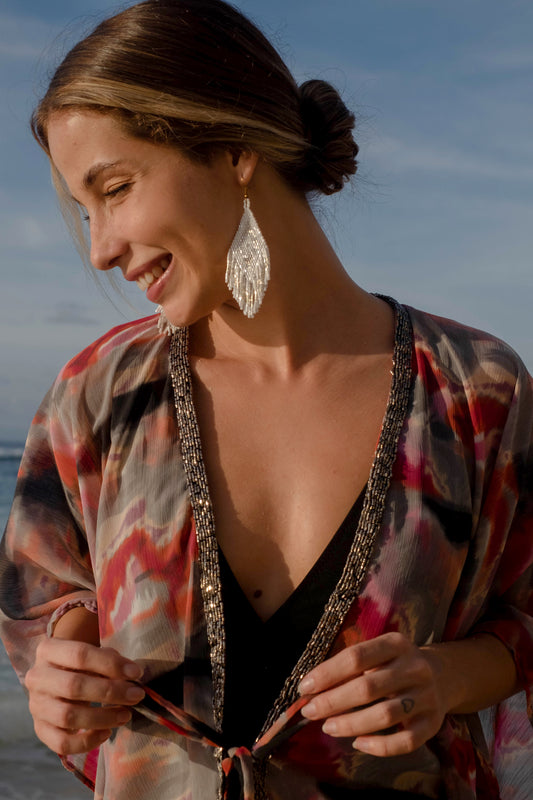 Lightweight chiffon beach cover-up with abstract ombre print and hand-sewn neckline beads – perfect for Dubai