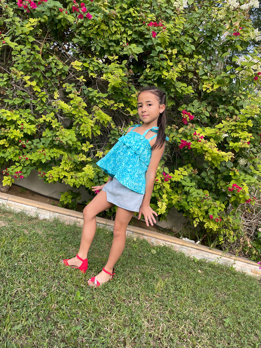 rory girls blue floral batik ruffle top handmade in bali, sustainable kids fashion in Dubai