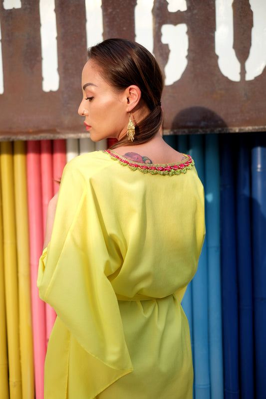 Saanvi women’s beach kaftan cover-up with Indian-inspired neckline detail and belted waist for women in dubai