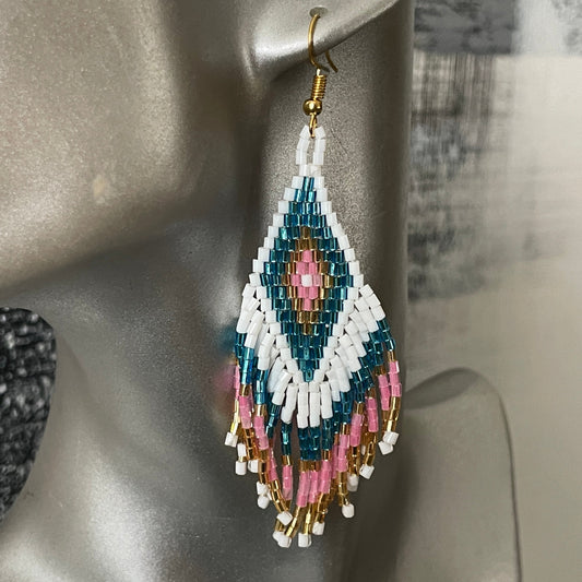Bali handmade white peach and blue beaded earrings – resort wear jewelry Dubai